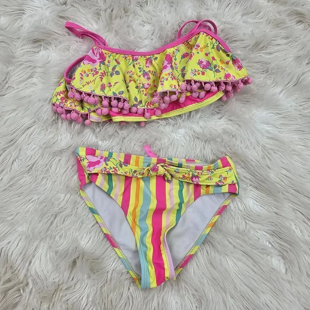 Betsey Johnson | Yellow Floral Stripe Ruffle Pom-Pom Bow BikiniGirls Size 10